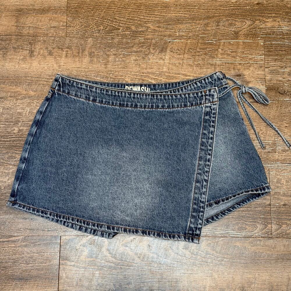 Rewash Denim Skort Asymmetric Wrap Side Tie Low Rise Medium Wash Womens Size 28